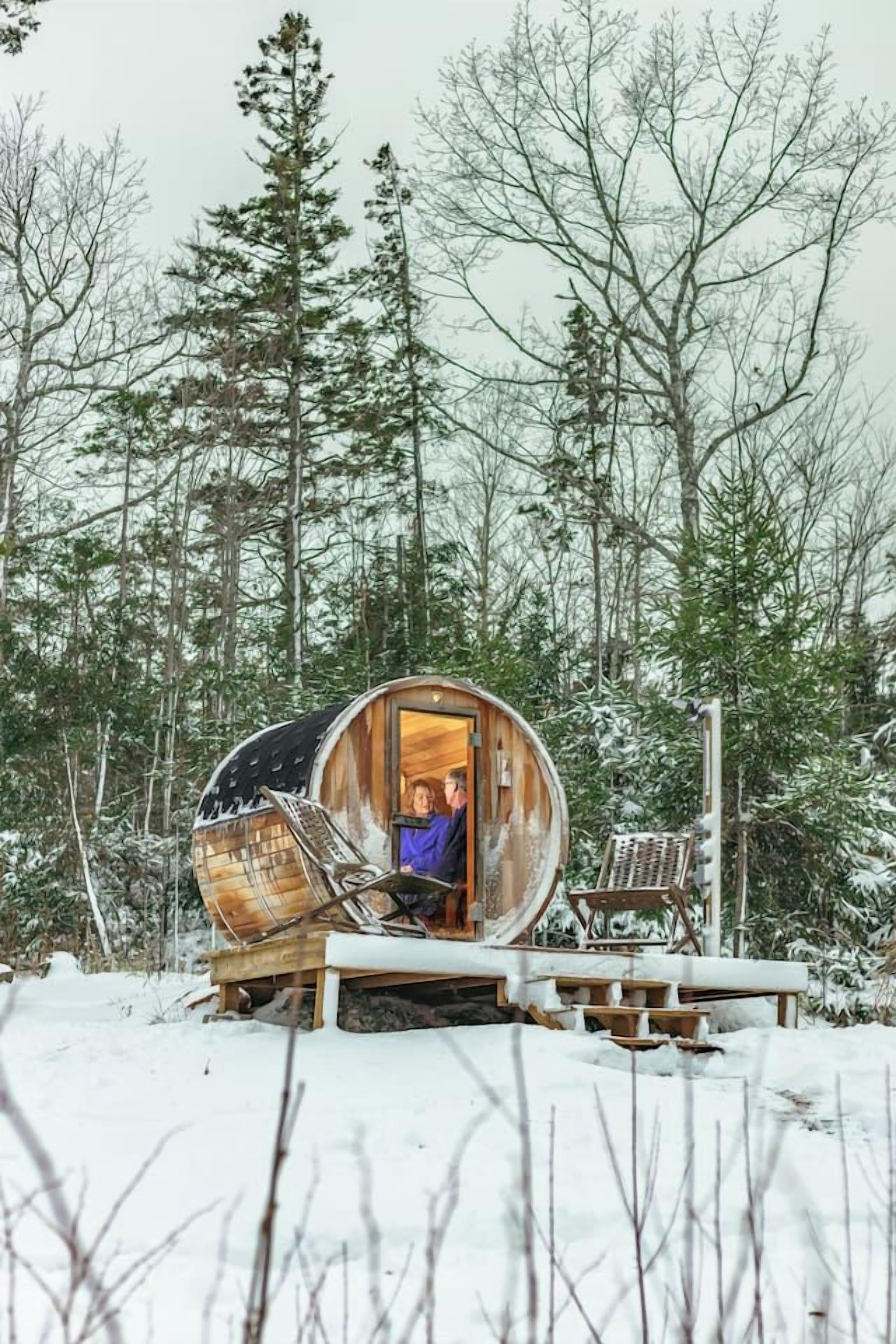 A rustic cabin with a wooden exterior, a visible interior with a person, and a snowy forest background.