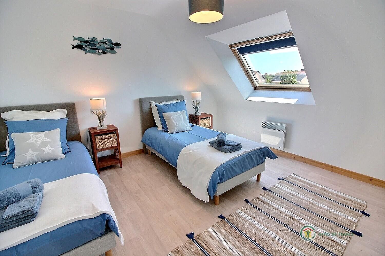 Une chambre avec deux lits, une lucarne, un petit élément décoratif mural et un tapis tissé.