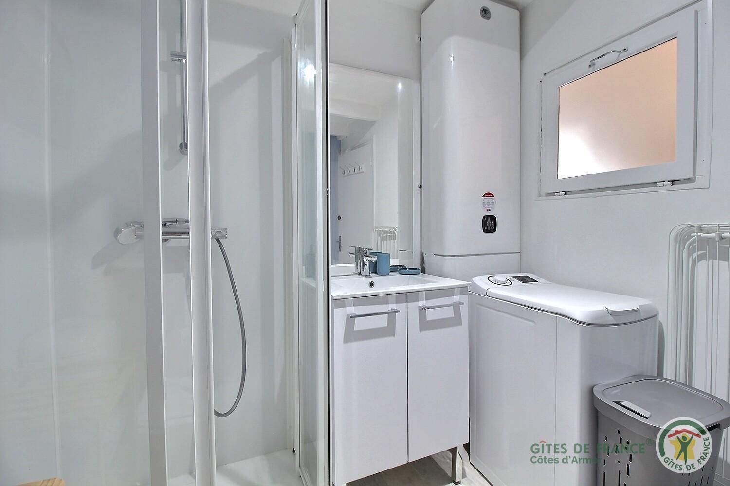 A modern bathroom with a glass shower enclosure, a white sink with a mirror, and a toilet.