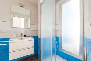 Shower, hair dryer, bidet, towels