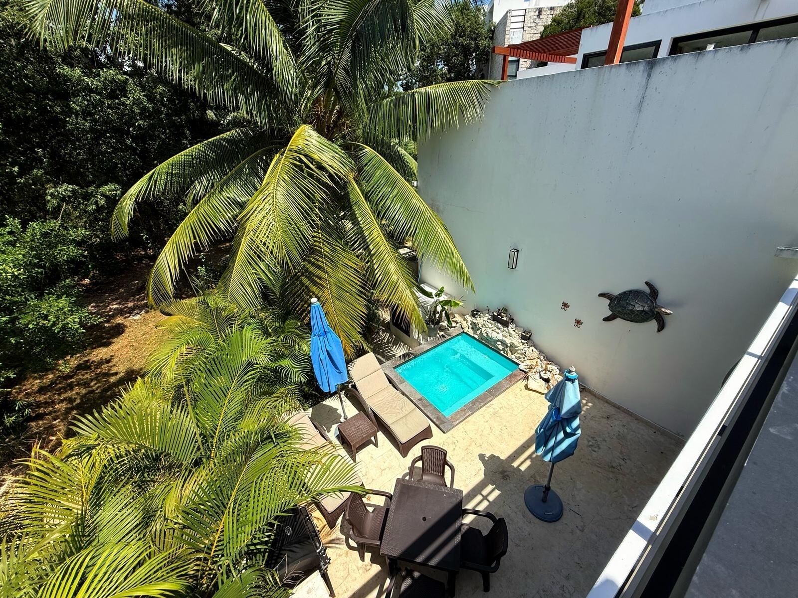 A rooftop pool area with a small pool, lounge chairs, and umbrellas.