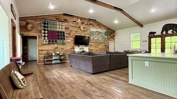 Smart TV, fireplace, video games, DVD player