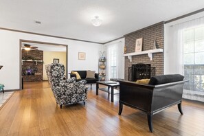 Smart TV, fireplace, books