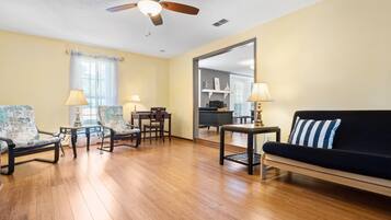 Smart TV, fireplace, books