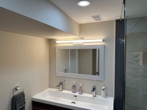 Shower, hair dryer, towels, soap