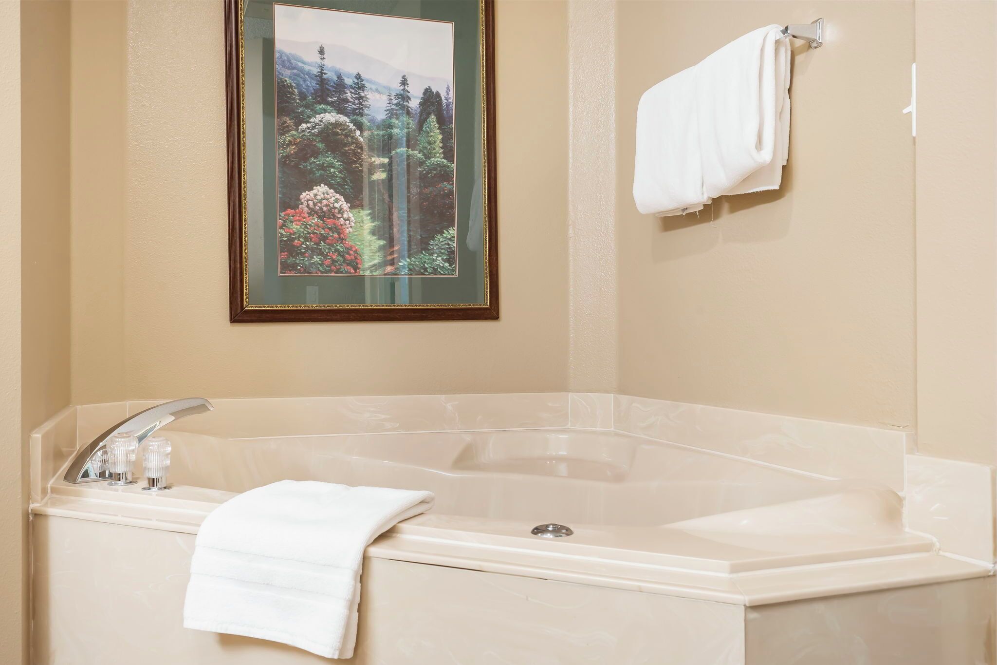A bathroom with a large bathtub, a framed picture on the wall, and a towel rack.