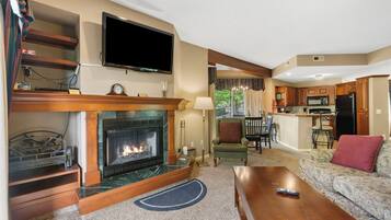 Smart TV, fireplace, DVD player