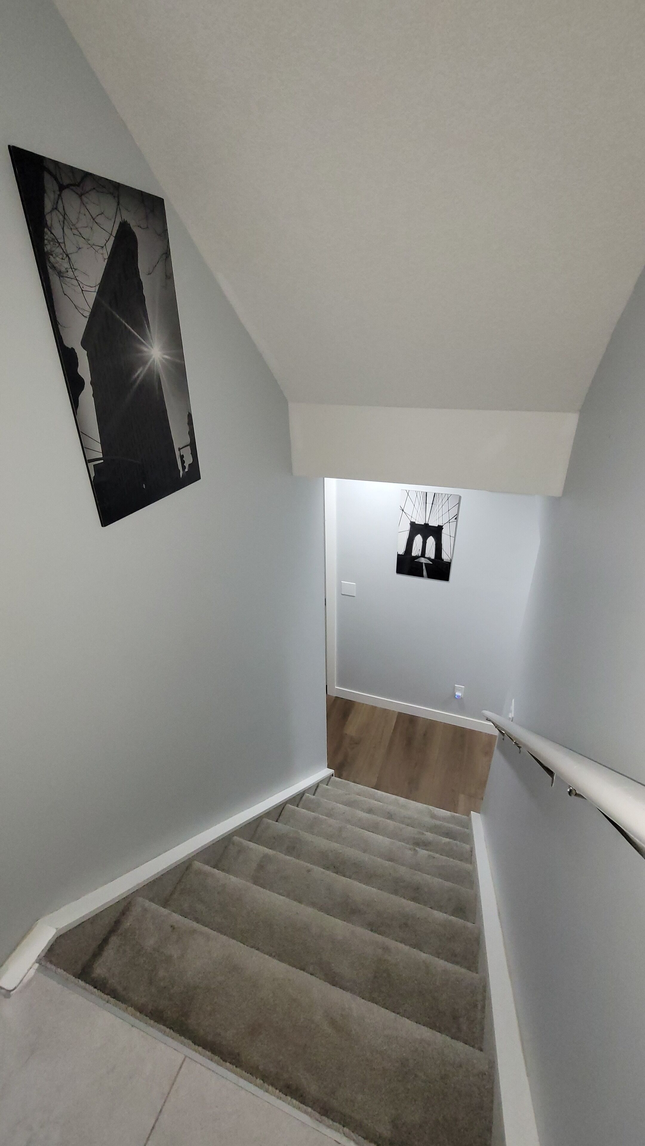 A staircase with a handrail, carpeted steps, and two black-and-white paintings on the walls.