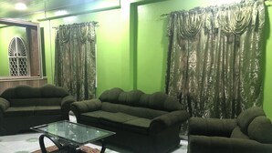 A living room with green walls, two sofas, a glass coffee table, and patterned rugs. - Superb apartment with AC located on the public road seawall (Georgetown)
