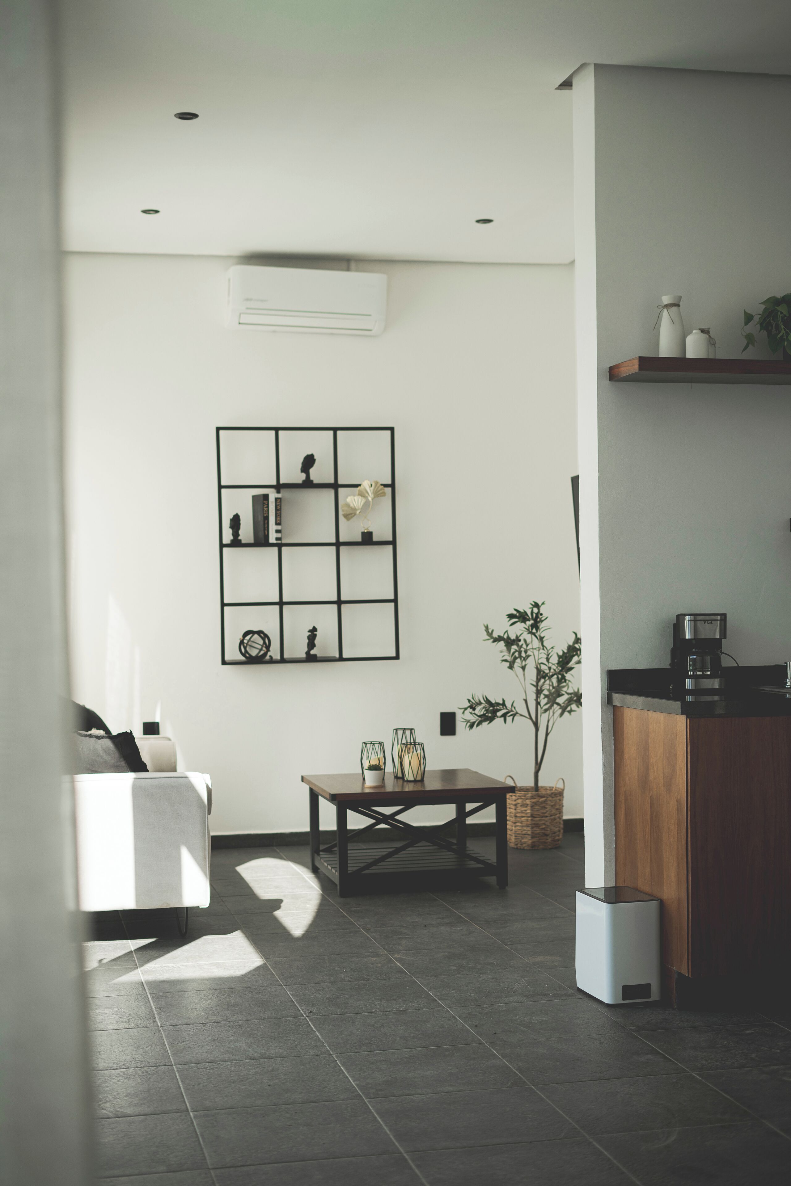 Uma sala de estar moderna com um sofá, uma mesa de centro e uma estante. Há uma pequena planta e uma lixeira.