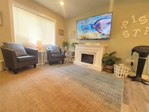 TV, fireplace, video games, DVD player