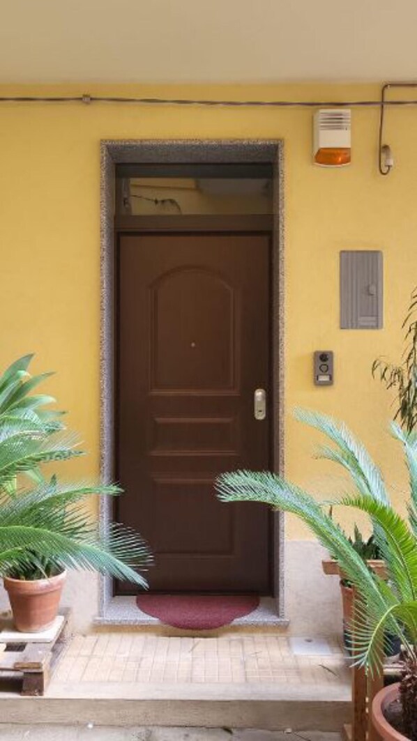 A brown door with a small mat at the entrance, a wall-mounted intercom, and two potted plants on either side.