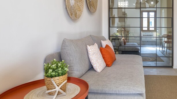 Un soggiorno con un divano grigio, decorazioni murali, un vaso di piante intrecciato e una decorazione a stella marina.