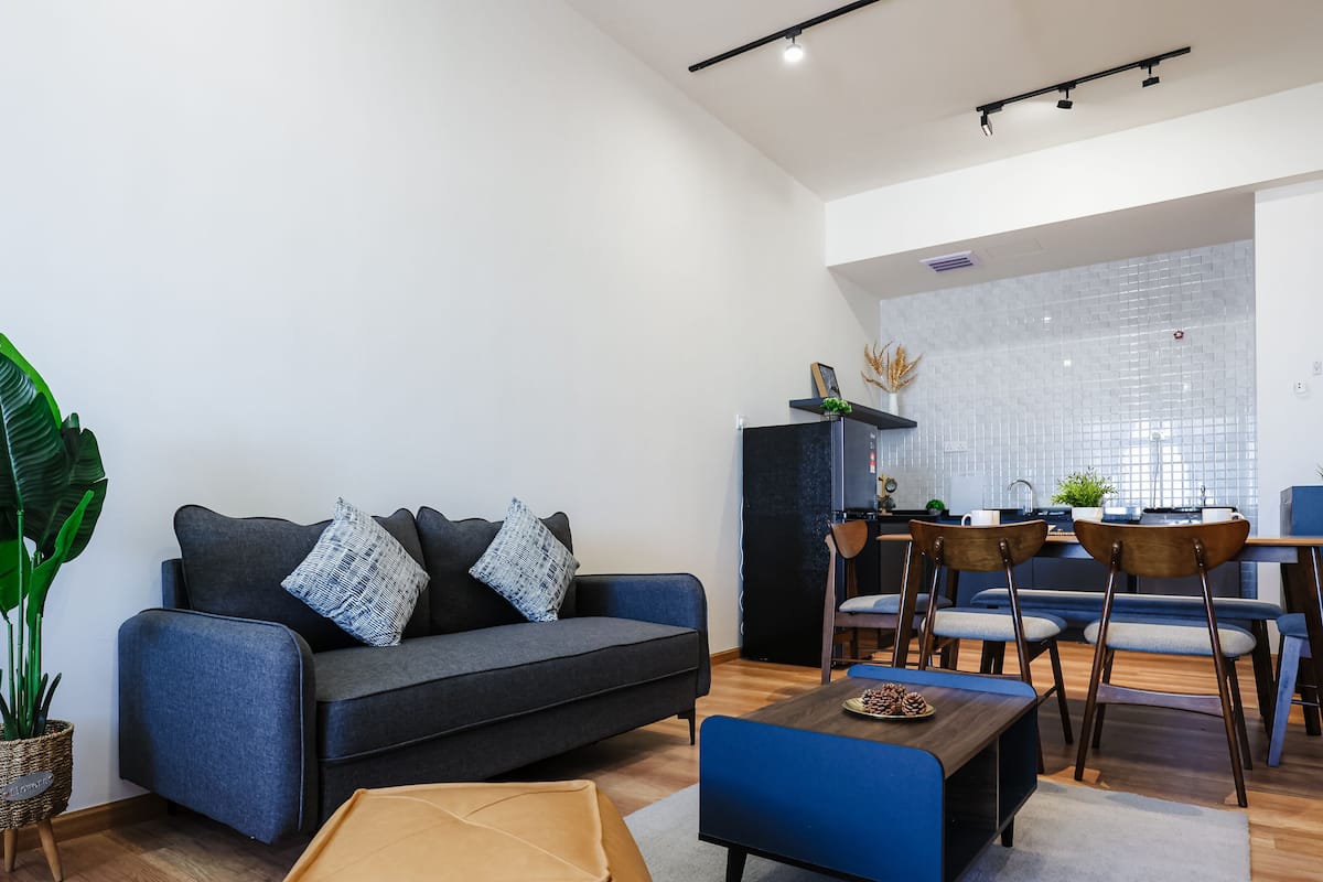 A modern living room with a dark grey sofa, blue chairs, a wooden coffee table, and a large green plant.