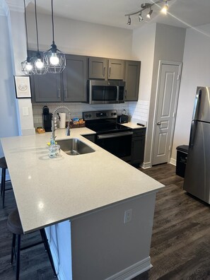 City appartement, 2 slaapkamers | Privékeuken | Een koelkast met diepvriezer, een microgolfoven, een oven, een kookplaat