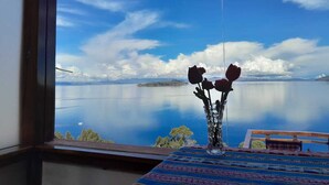 Vista de um lago pela janela, com um vaso de flores sobre uma mesa.