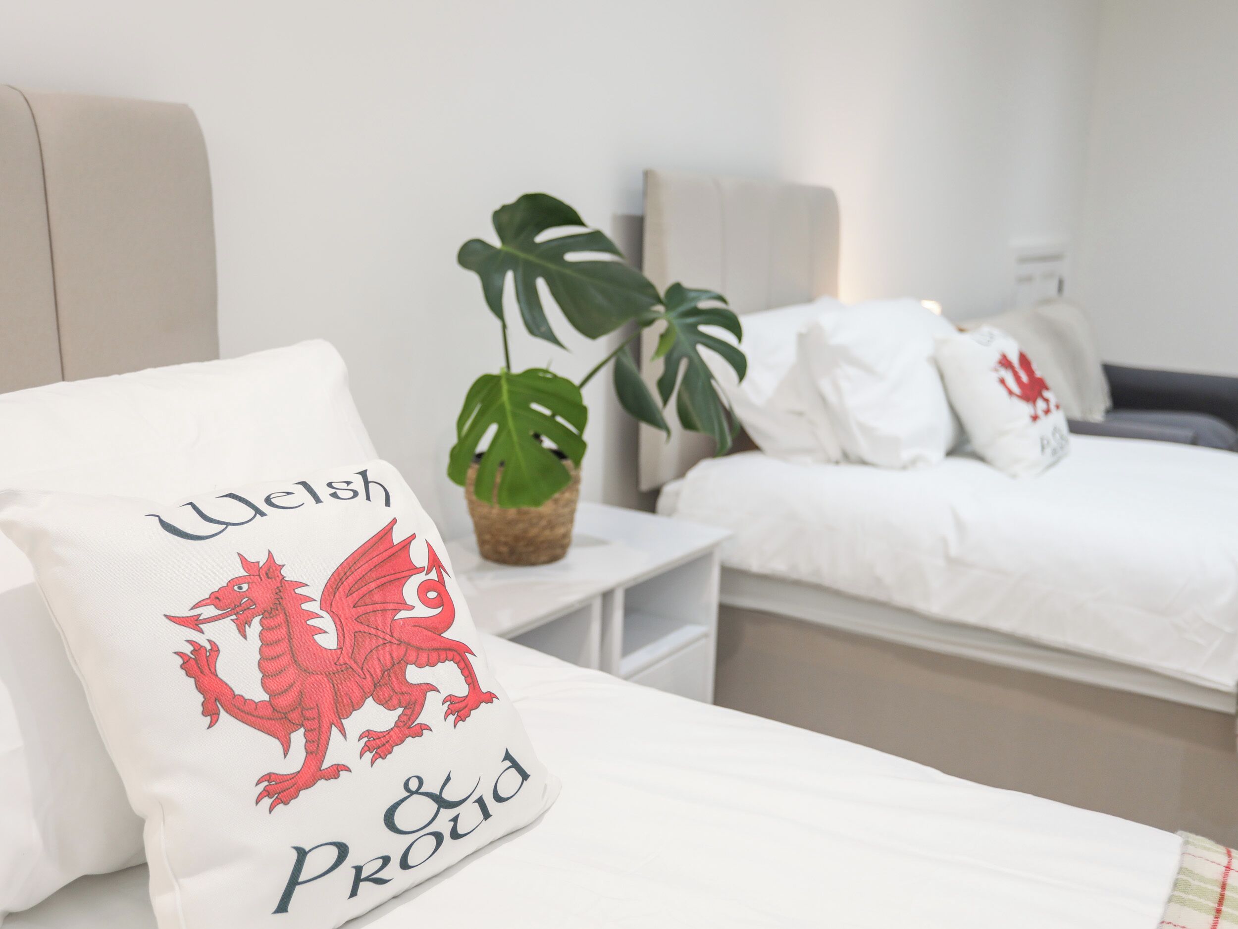 Ein ordentlich eingerichtetes Hotelzimmer mit Bett, Nachttisch und einer Zimmerpflanze.