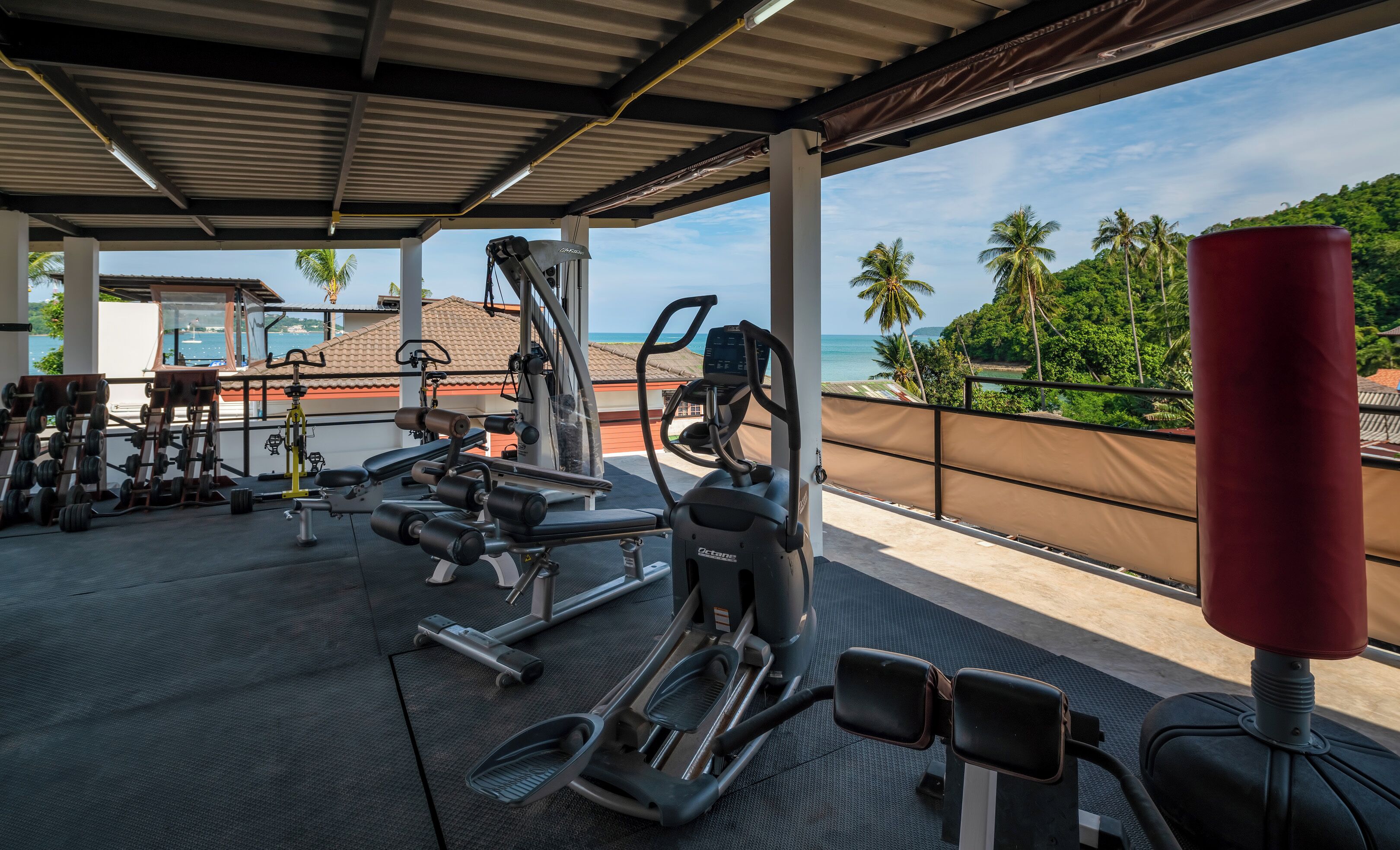A covered outdoor gym area with various exercise equipment, including treadmills and weight machines, overlooking a scenic view of the ocean and palm trees.