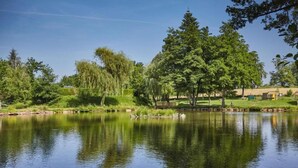 A calm lake with trees reflecting on the water, surrounded by a grassy area. - Tranquil Escape with Pool (Rignac)