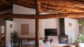 Een televisie, een open haard, een dvd-speler en tafelvoetbal