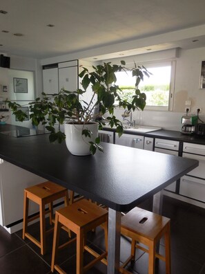 A modern kitchen with a large island, wooden stools, a potted plant, and a window providing natural light.