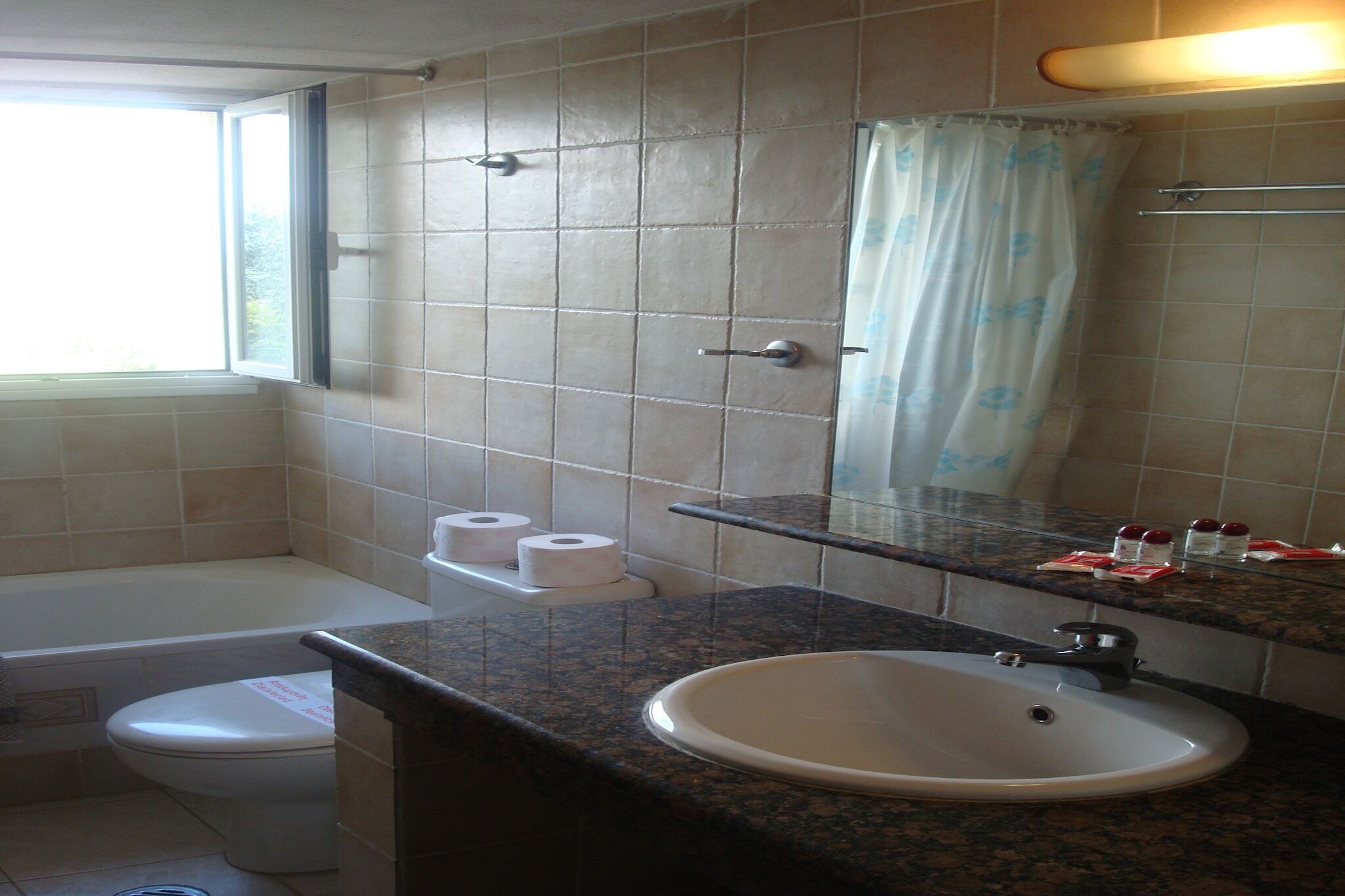 A bathroom with a toilet, sink, and a shower curtain.