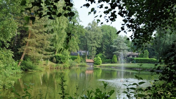 A serene pond surrounded by lush greenery and trees, with a small house in the background. - Chalet in Parc de Kievit with Private Garden (Baarle-Nassau)