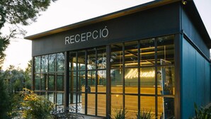 A modern building with large glass windows and a sign reading "RECEPCIÓ". - Stylish Chalet in Mont-roig (Mont-Roig del Camp)