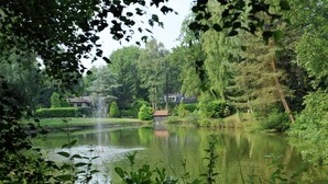 A serene pond with a fountain, surrounded by lush greenery and a traditional house in the background.