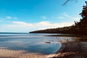 Un lago tranquilo con aguas cristalinas, rodeado de un área boscosa y una playa arenosa.