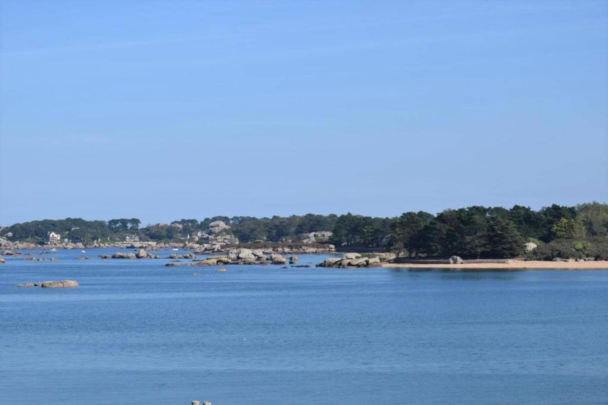 A coastal landscape with a clear sky, calm sea, rocky shoreline, and a forested hill.