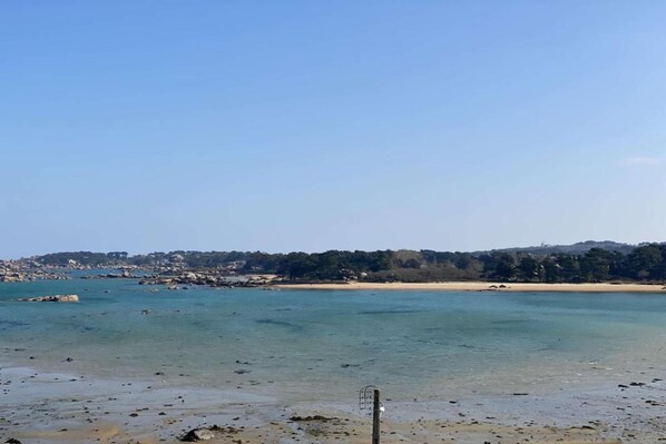 A coastal landscape with clear water, a sandy beach, and a distant hill with vegetation. - Apartment in Trégastel near the Beach (Trégastel)