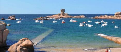 A coastal scene with boats on the water, rocky outcrops, and a sandy beach with people.