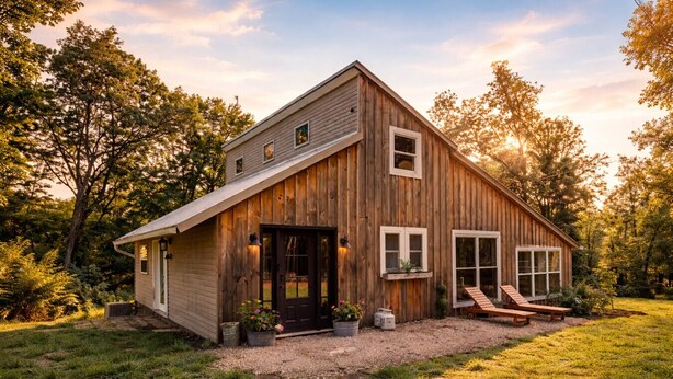 A rustic wooden cabin with a front porch, a covered entryway, and a small deck with two lounge chairs. - Adventures at Aspen Way: WHOLE HOME & 7 ACRE RETREAT (Rockbridge)