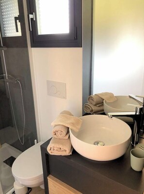 Hair dryer, towels, soap, toilet paper