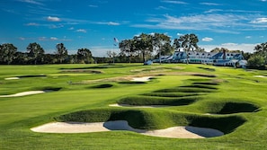 A golf course with bunkers and a clubhouse in the background.