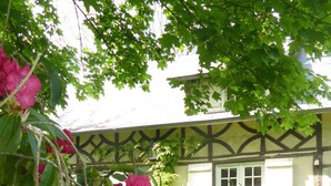 En byggnad med en traditionell arkitektonisk stil, omgiven av frodig grönska och blommande, rosa blommor.
