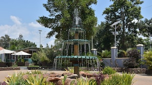 A multi-tiered fountain surrounded by landscaped garden beds with various plants.