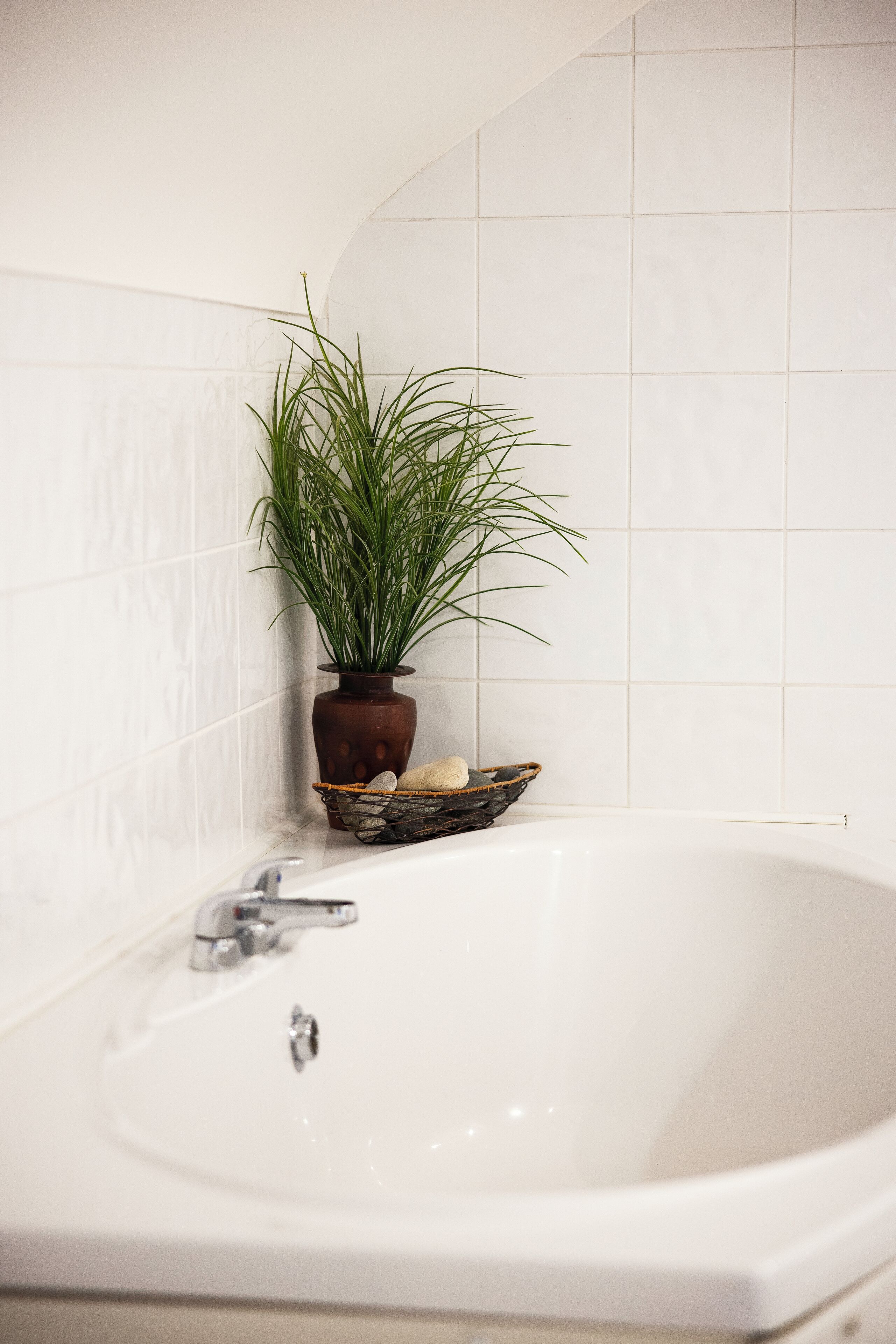 Un baño con una bañera blanca, una planta en maceta y una pequeña cesta con piedras.