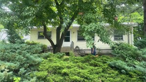 Una casa con un gran árbol en primer plano, rodeada de un follaje denso.