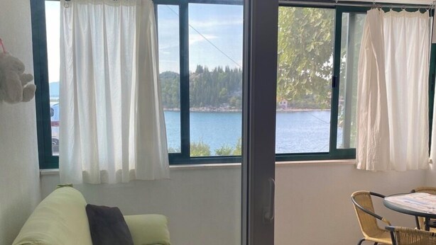 Ein Zimmer mit einem grünen Sofa, einem Esstisch mit Stühlen und großen Fenstern mit Vorhängen.
