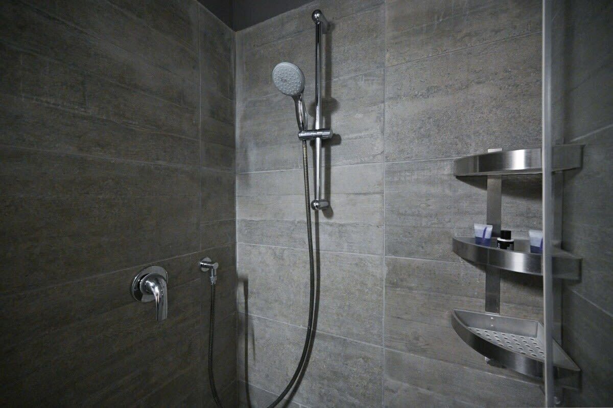 Een douche met een handdouche, een wandmengkraan en een plank met toiletartikelen.