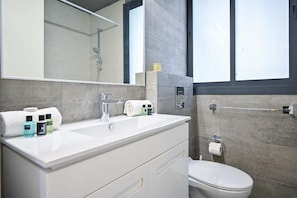 A modern bathroom with a white vanity, a large mirror, a toilet, and a shower area. - Cozy 2BR with Balcony and Mamad on Dizzengoff by HolyGuest (Tel Aviv-Yafo)