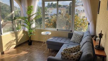 Een smart-tv, een open haard en boeken