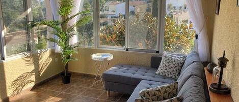 Smart TV, fireplace, books