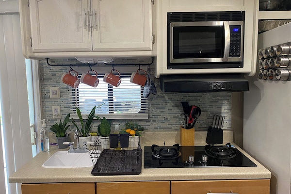 Kjøleskap, mikrobølgeovn, kokeplater og kaffetrakter/tekoker