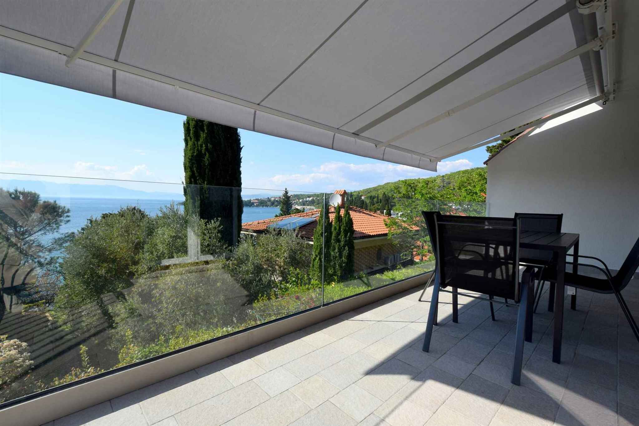 A balcony with a view of a lake and hills, a table and chairs, and a white awning.
