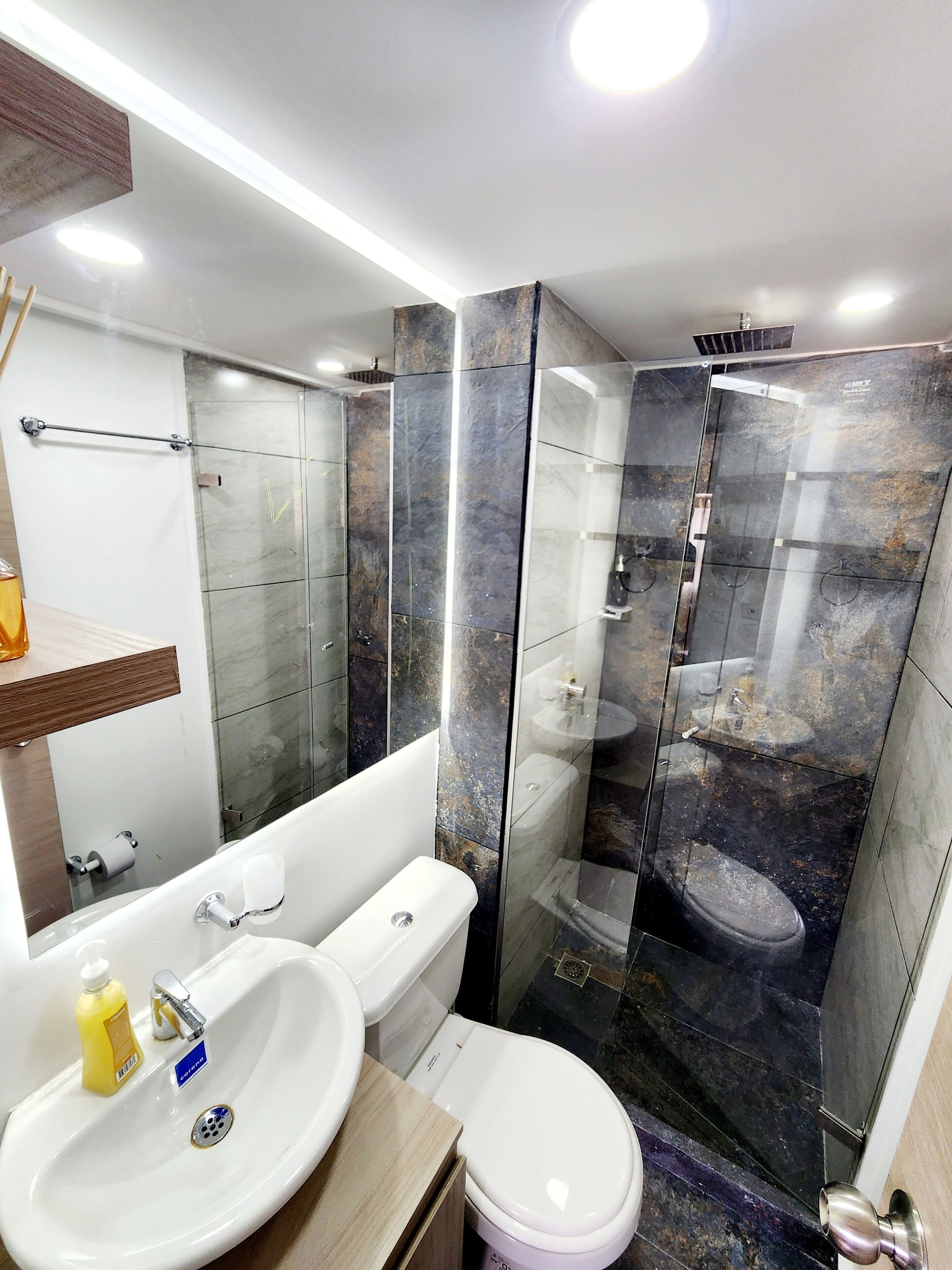 Hair dryer, towels, soap, toilet paper