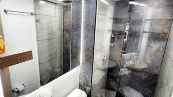 Hair dryer, towels, soap, toilet paper