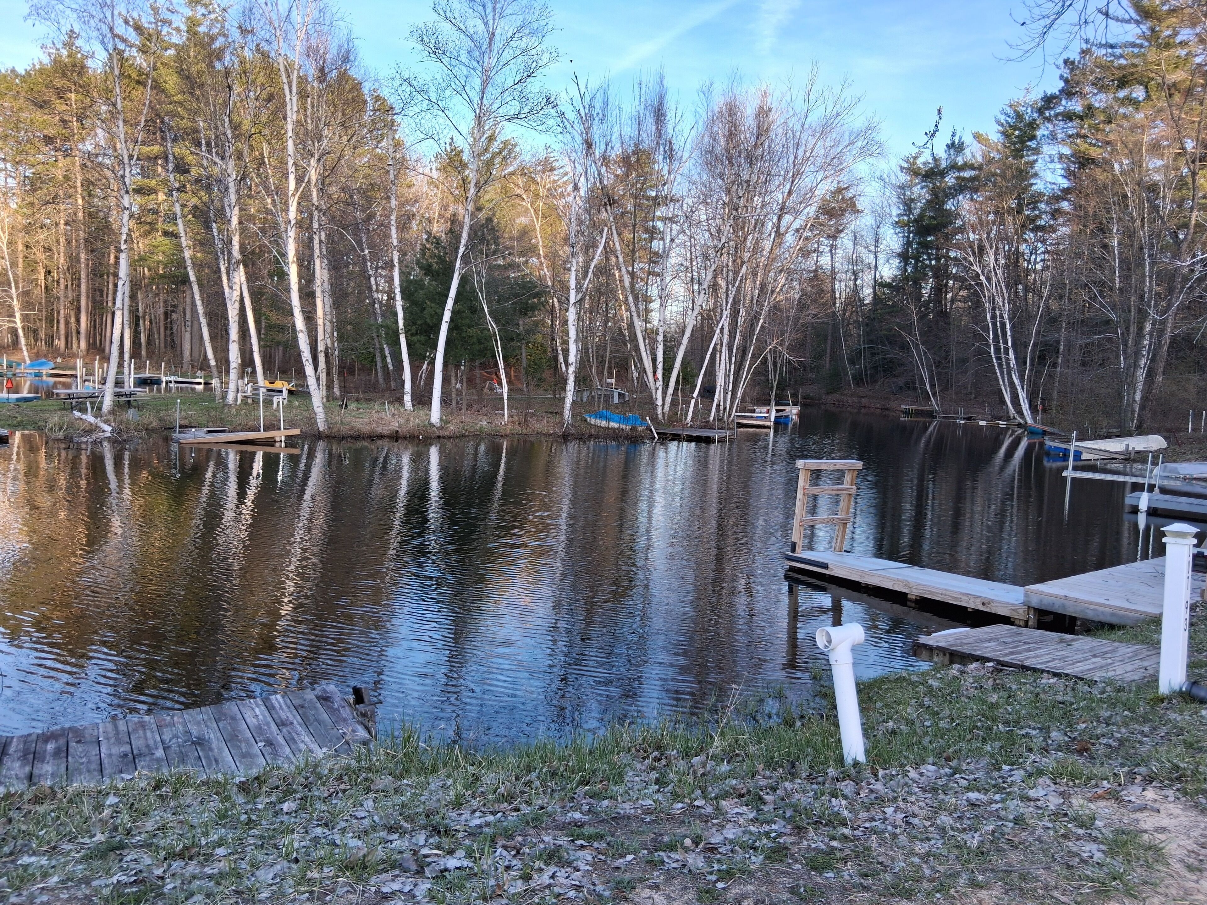 A calm lake with docks, surrounded by trees and a clear sky.